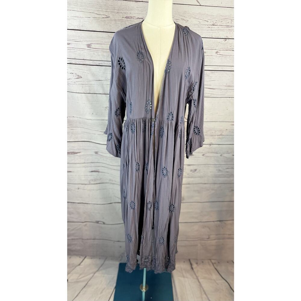 Blue Eyelet Button Front Long Kimono Cardigan L/XL Boho Duster Cover Up
